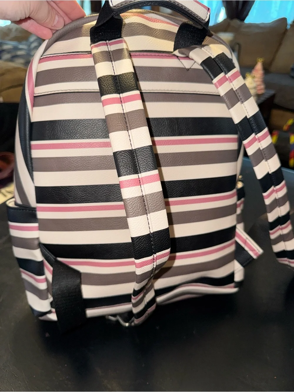 Nine West Striped Leatherette Backpack - Black, White & Pink